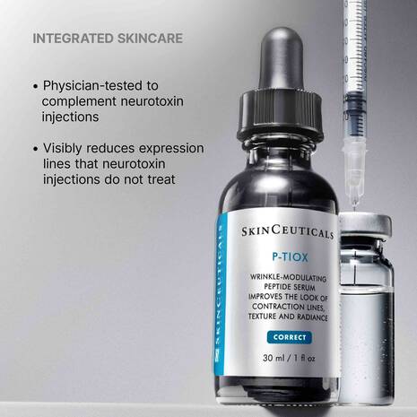 SkinCeuticals P-TIOX skincare serum with dropper and vial on a gray background