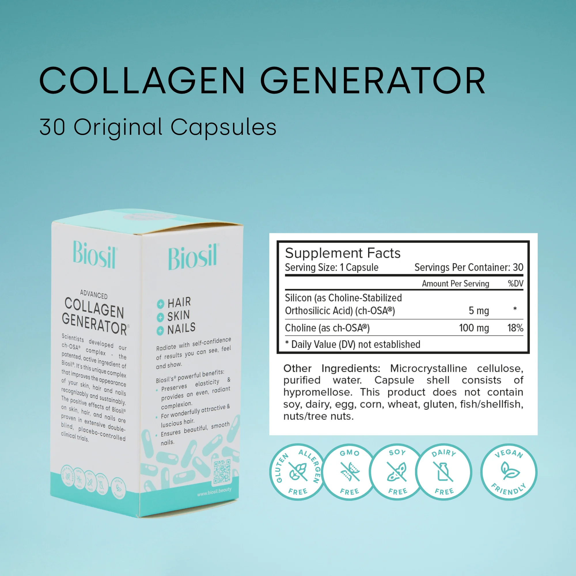 Biosil Collagen Booster Supplement - 120 Original Capsules - Patented ch-OSA Activator for Skin, Hair, Nails & Joints - Supports Natural Production - 60-Day Supply