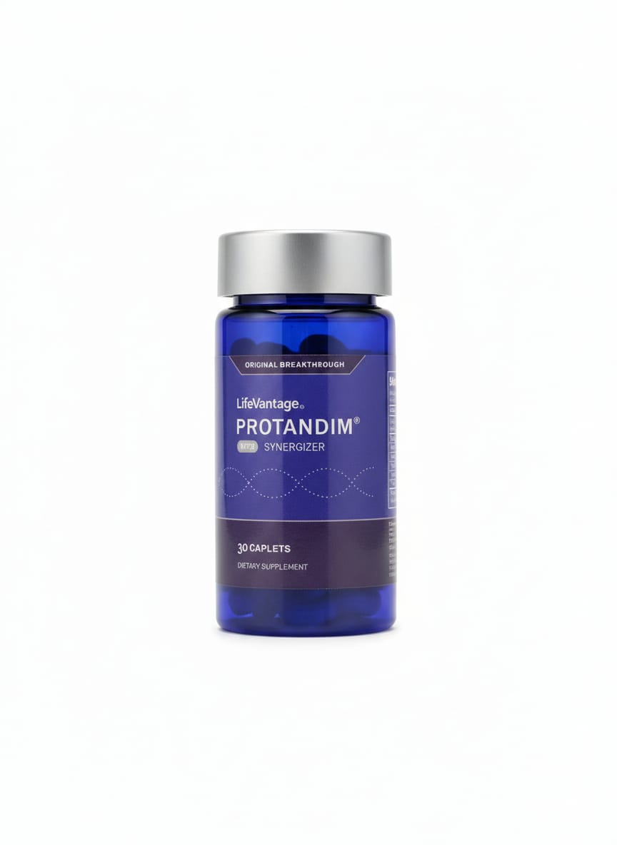 Blue supplement bottle labeled 'Protandim' on a white background