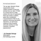 Woman with text about P-TIOX serum and Dr. Rosalyn George's recommendation from Wilmington Dermatology Center.