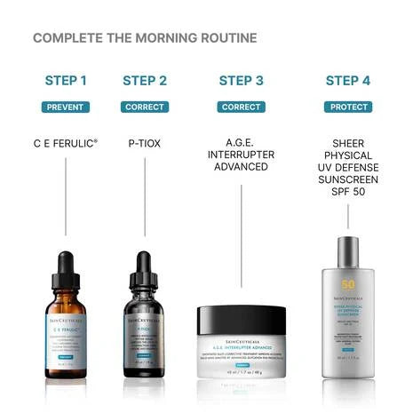 Skinceuticals skincare products with step-by-step routine on a white background