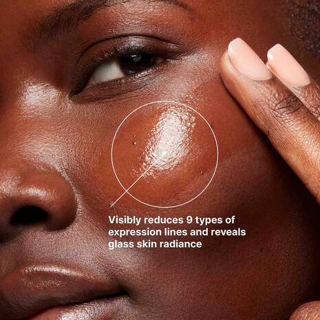 P tiox Close-up of a person's face with a focus on skin texture, showing text about skincare benefits.